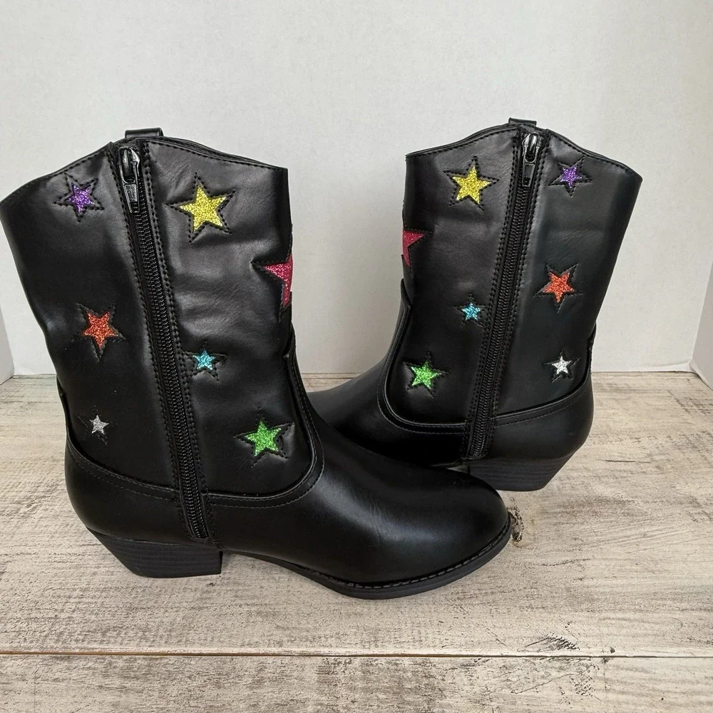Kids Black‎ Western Cowboy Boots with Multi Color Glitter Star Appliques Size 3